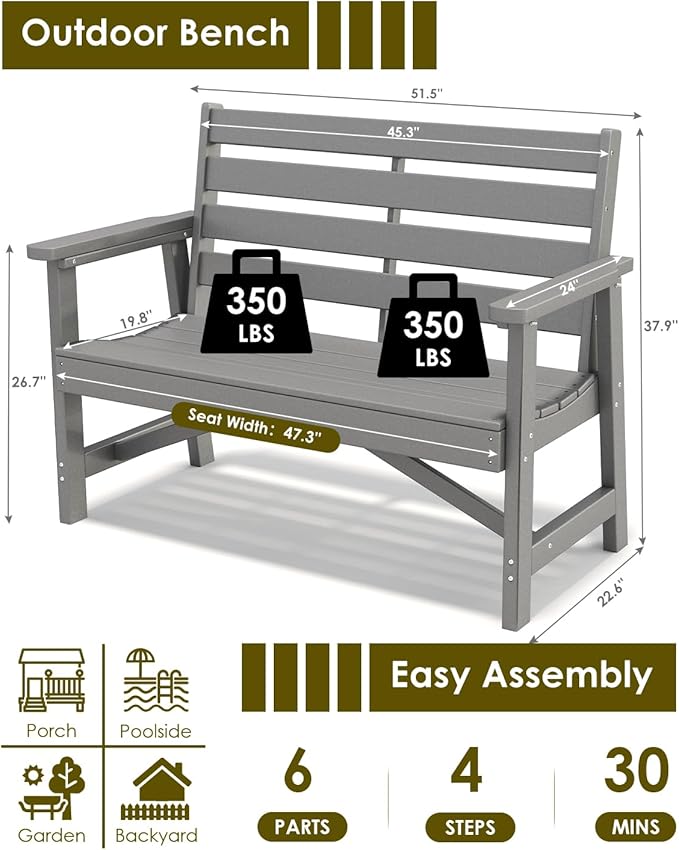 GREENVINES Outdoor Bench | HDPE | Garden Benches | All Weather | for Outdoors Patio Park Porch Outside Backyard | 2-Person | Grey