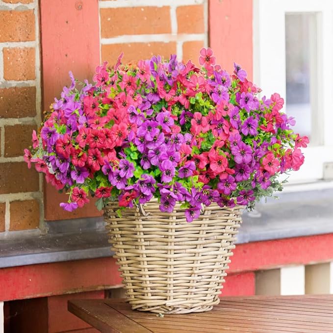 Artificial Flowers for Outdoors, 12 Bundles Outdoor Faux Plants,Uv Resistant Artificial Fake Flowers Plants, Realistic Spring Decor for Porch, Patio, Yard (LightRedPurple)