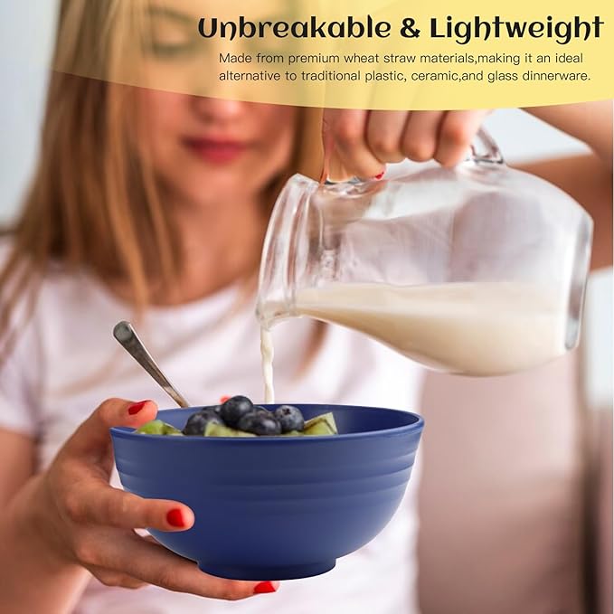 Homienly 40 Pcs Wheat Straw Dinnerware Sets, Dinner Plates, Cups, Pasta Bowls, Dishes Set For 8, Microwave Safe Plates and Bowls Sets, Blue