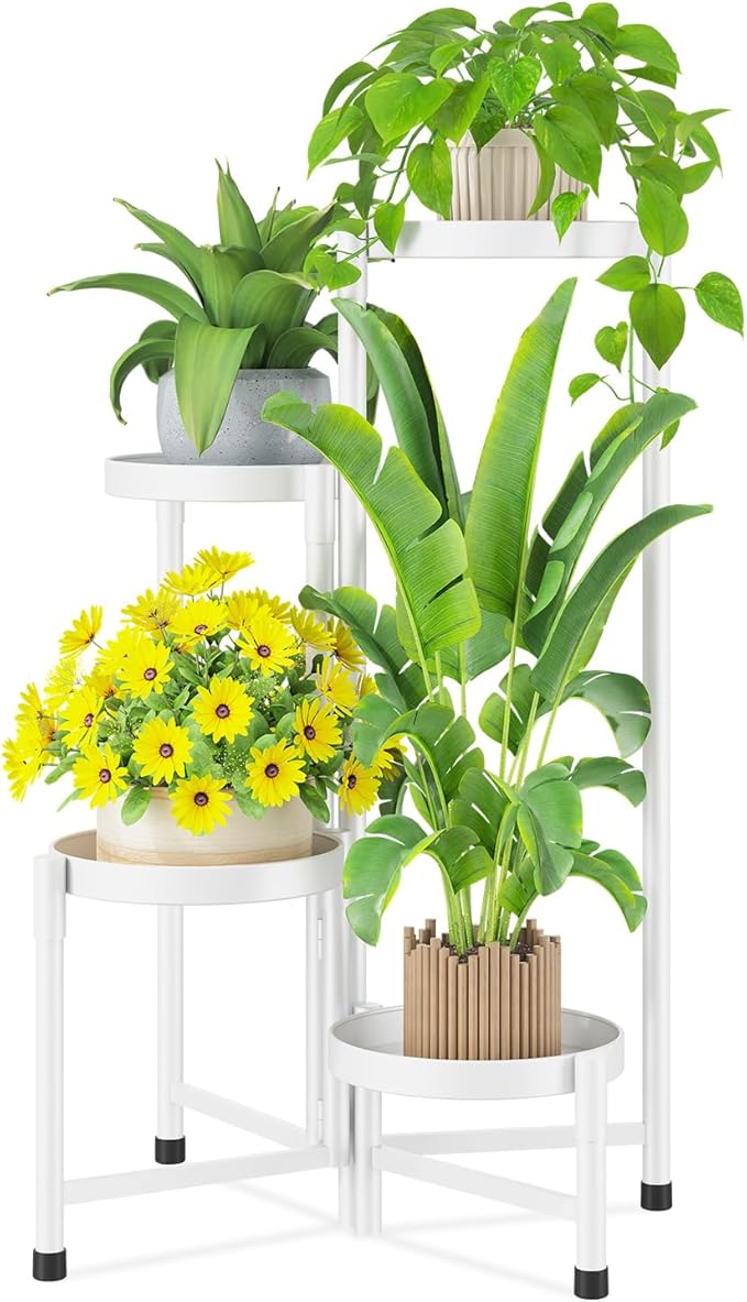 iDavosic.ly Plant Stand Indoor Outdoor, 4 Tier Corner Metal Flower Display Holder Shelf, Folding Tall Orchid Rack for Patio Balcony Porch Garden Living Room House, White