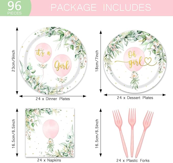 96Pcs Oh Girl Watercolor Pink Balloon Party Supplies Greenery Girls Baby Shower Party Plates Napkins Tableware Botanical Eucalyptus Baby Shower Party Favor