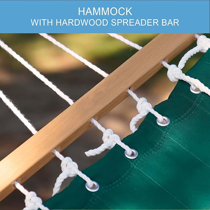 Lazy Daze Hammocks 12 FT Double Quilted Hammock with Spreader Bars and Pillow, 2 Person Hammock for Outdoor Patio Backyard Poolside, 450 LBS Weight Capacity, Dark Green/Natural