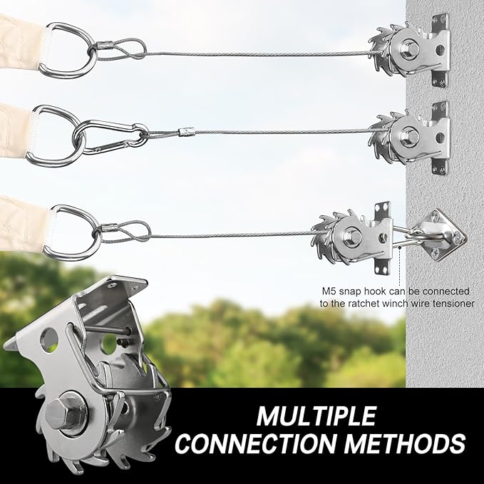 Shade Sail Hardware Kit with Ratchet Winch Wire Tensioner for Rectangle/Triangle Shade Sail Installation, 304 Grade Stainless for Garden, Outdoors (Winch + Hardware Kit + Cables)