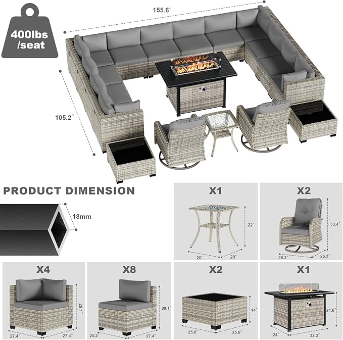 18-Piece Patio Furniture Set, Outdoor Patio Furniture with 55,000 BTU Fire Pit Table, Swivel Chairs Set, Thick Cushions, Modular Patio Sofa, Dual-Strand Wicker Rattan, Rust-Resistant Frame,Grey