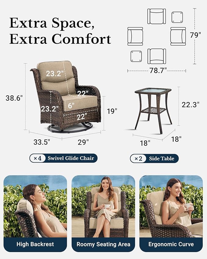 HILLGA Luxury Patio Furniture Set with 6-inch Thick Cushion, Outdoor High Back Swivel Rocker Patio Chairs, 6PCS Wicker Conversation Set for Deck Yard and Poolside, Beige (V2)