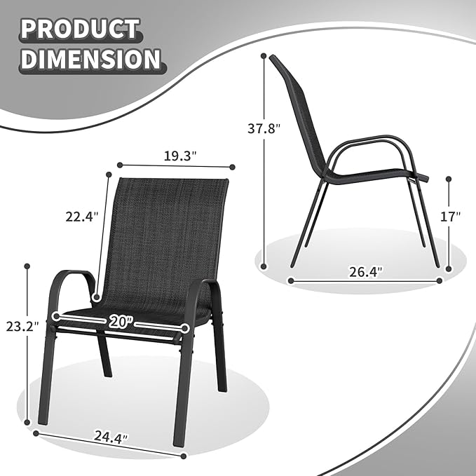 Patio Dining Chairs Set of 4, Stackable Dining Chairs High Back, Breathable Seat Fabric and Alloy Steel Frame Fit Backyard, Porch, Lawn，Poolside (Dark Grey)