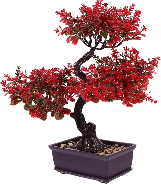 EXCEART Artificial Bonsai Plant Red Plastic Potted Decor for Desktop Wedding Table Centerpiece Home Office Decoration