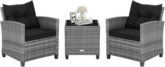 HAPPYGRILL 3 Pieces Patio Conversation Set, Outdoor Furniture Set PE Rattan Sofa Set with Removable Cushions, PE Wicker Chairs with Tempered Glass Side Table for Porch Lawn Garden Balcony Backyard