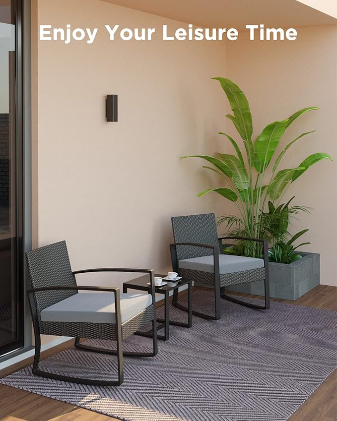 3 Pieces Outdoor Patio Furniture Set Rocking Bistro Set Outdoor Rattan Conversation with Coffee Table for Garden Balcony Backyard Poolside (Grey Cushion)