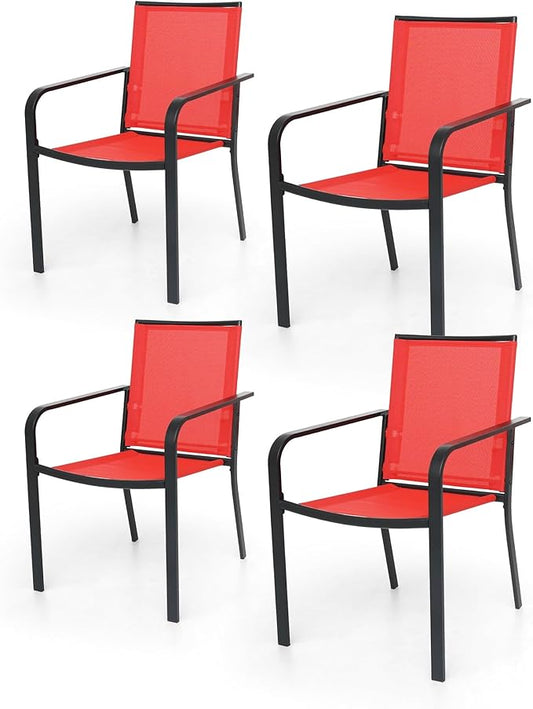 Patio Dining Chairs Set of 4, Outdoor Stackable Dining Furniture Set, All Weather Dining Set for Lawn, Garden, Backyard, Poolside, RED