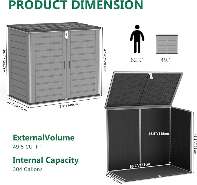 Uhomepro 4.6 Ft. X 4.1 Ft Outdoor Horizontal Storage Shed, Resin Storage Shed with Double Lockable Doors, Ideal for Garbage Can Storage and Garden Tools, Strong Water Resistance, Gray