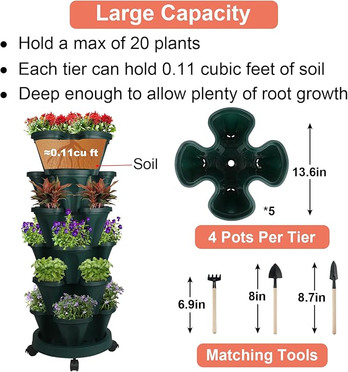 Vertical Planter 6 Tier Stackable Planters Garden Planters Strawberry Herb Flower and Vegetable Planter Indoor Outdoor Gardening Pots with Removable Wheels and Tools 2-Pack