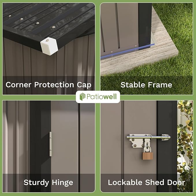 Patiowell 8x6 FT Outdoor Storage Shed, Metal Tool shed & Outdoor Storage with Lockable Doors & Air Vents, for Backyard Garden Patio, Brown