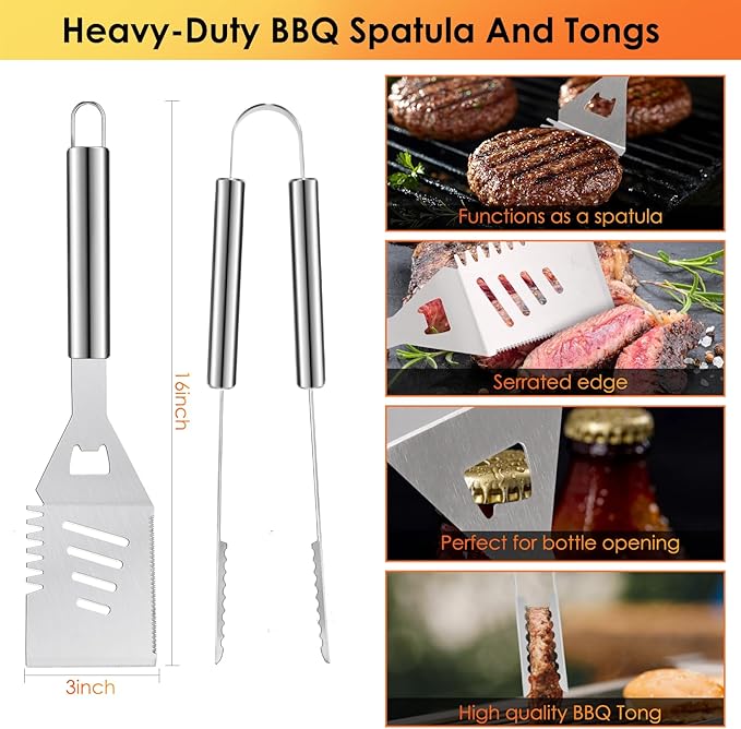Yoehka BBQ Grilling Accessories Set, 34Pcs Heavy Duty Grill Tools for Outdoor Camping, Grilling Gifts for Men Dad, Stainless Steel Barbecue Utensils Kit with Mats and Glove in Carrying Bag, Silver