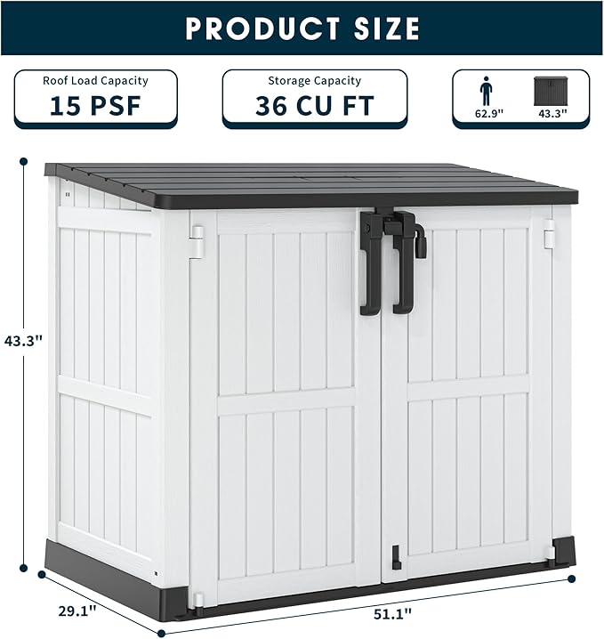 LHBcraft Outdoor Storage Cabinet 36 Cu Ft with Lockable Doors, Portable Horizontal Resin Storage Shed