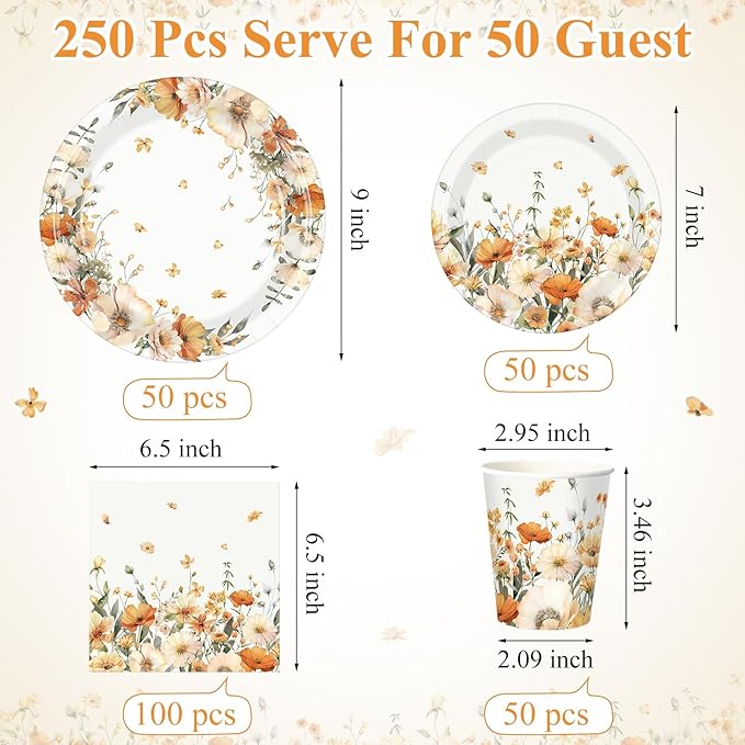 250 Pcs Fall Floral Party Decorations Include Autumn Flowers Paper Plates Napkins and Cups for Autumn Wedding Baby Shower Birthday Party Decorations, Serve 50 Guest