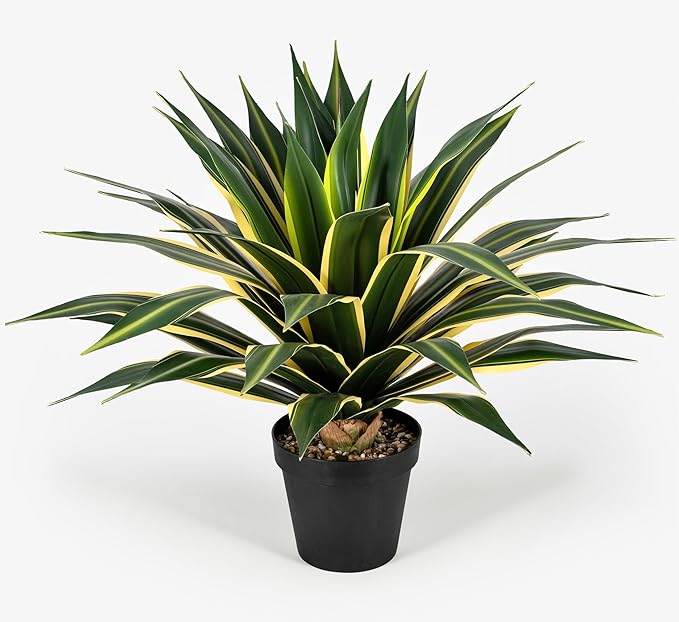 SUNPRAIRIE 34 Inch Tall Large Artificial Agave Plant in Pot with 45 Leaves, Forest Green with Yellow-Edges. Outdoor and Indoor Faux Plants.