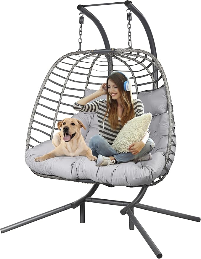 Double Hanging Egg Chair wth Stand, Patio Hammock Swing Chair with Cushion Loveseat for Bedroom, Balcony, Garden, Indoor, Outdoor