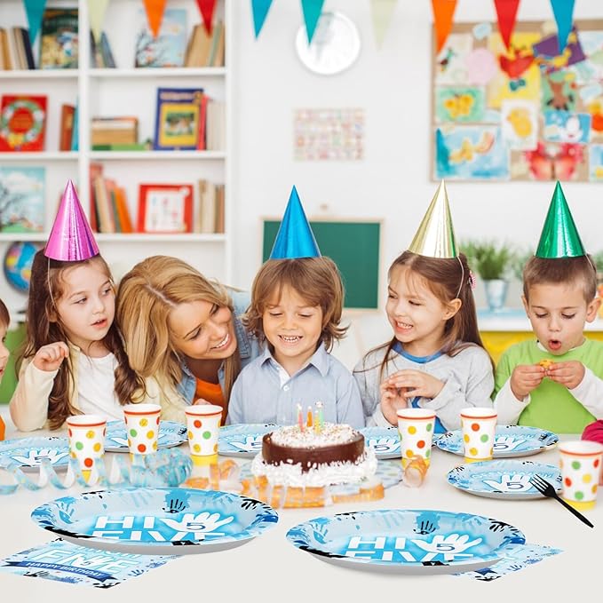 96Pcs Hi Five Party Decorations Blue High 5 Year Old Plates And Napkins Tableware Sets Officially a Handful 5th Birthday Decorations for Kids Girls Boys Five Years Old Birthday Supplies Serves 24