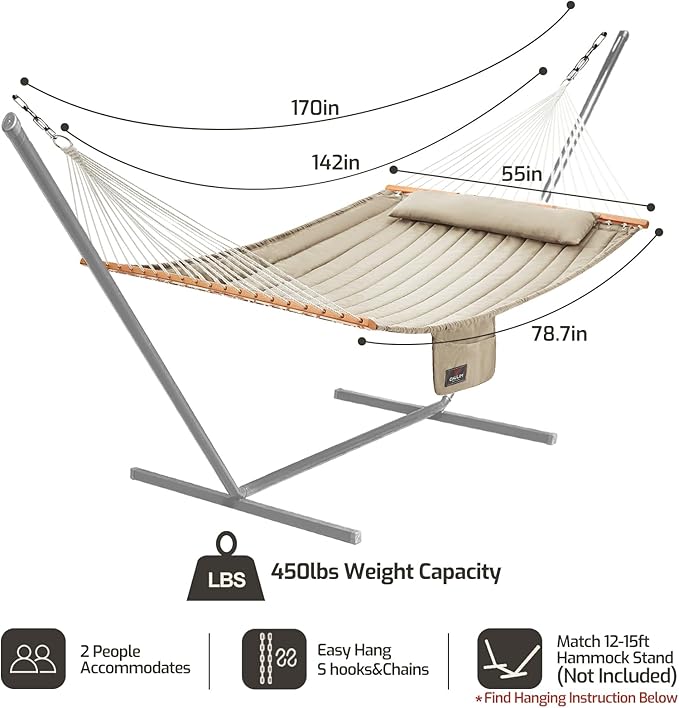 Double Quilted Fabric Hammock with Hardwood Spreader Bars and Pillow 450 LBS Capacity 2 Person Large Hammock for Outdoor Patio Backyard Poolside - Tan