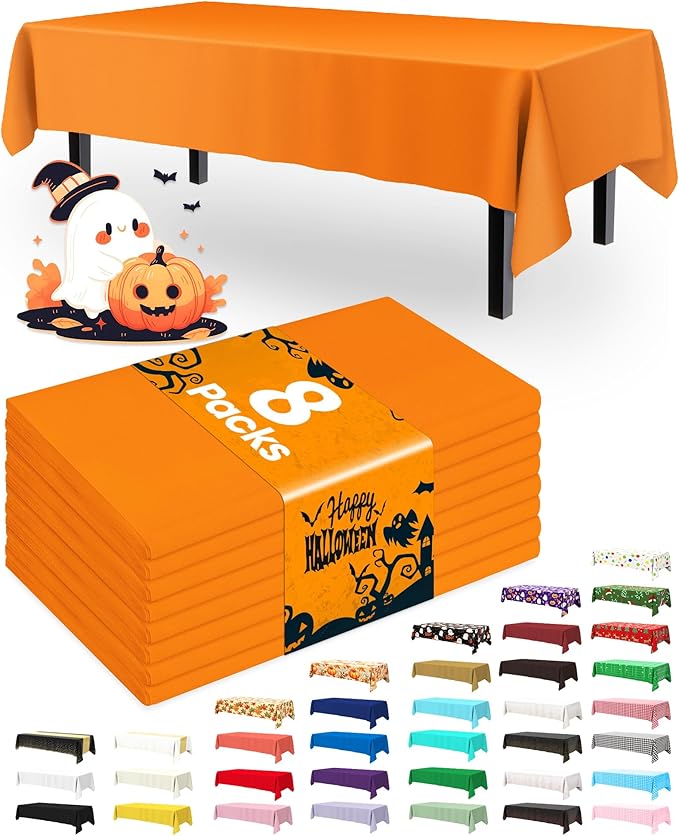 Pureegg Plastic Table Cloth Disposable 8 Pack, 54 x 108 Inch Table Cloths, Halloween Party, Thanksgiving Decorations, Harvest, Fall Tablecloths, Rectangle Tables, Leakproof & Sturdy, Orange