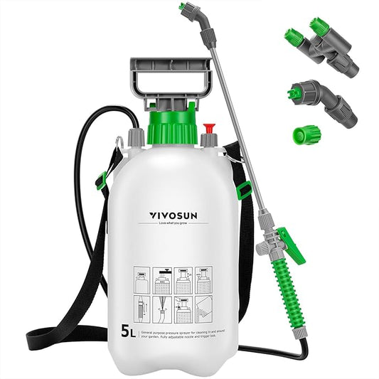 VIVOSUN 1.35 Gal/5L Pump Sprayer, Garden Water Sprayer for Plants, Weeds & Lawn Care, with 3 Nozzles, 50'' Long Hose & Pressure Relief Valve