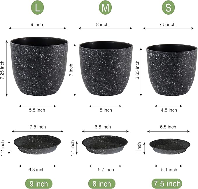 Modern Plant Pots Set, 9/8/7.5 inch Plastic Planters for Indoor Plants, Stylish Flower Pots with Drainage Holes and Saucers for House Plants and Flowers, Black Speckles