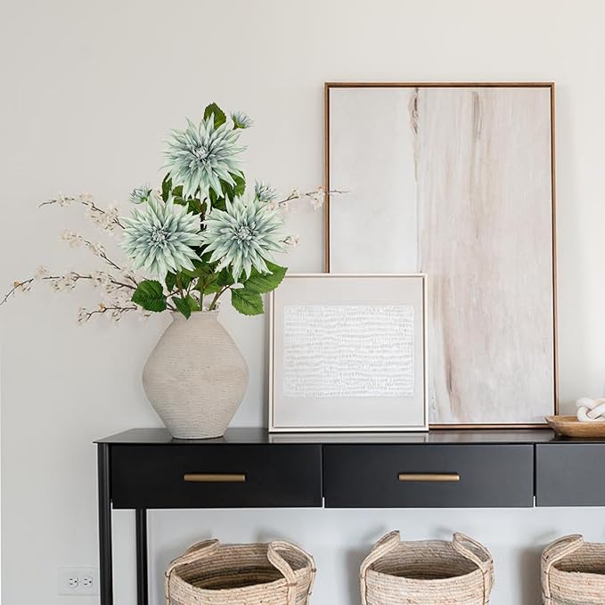 3Pcs Blue Artificial Dahlia Flowers 29.5" Fake Flower Silk Flowers with Long Stem Floral Arrangements Bouquets Faux Dahlias Flowers for DIY Wedding Party Centerpieces Decor Home Office Decoration