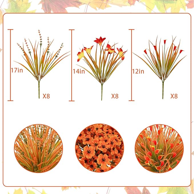 Uieke 72PCS Artificial Mums for Outdoors Fake Fall Outdoor Lavender Flowers Orange Calla Lilly and Autumn Daisy Mums Flowers No Fade for Outside Window Box Porch Planters Garden Thanksgiving Decor
