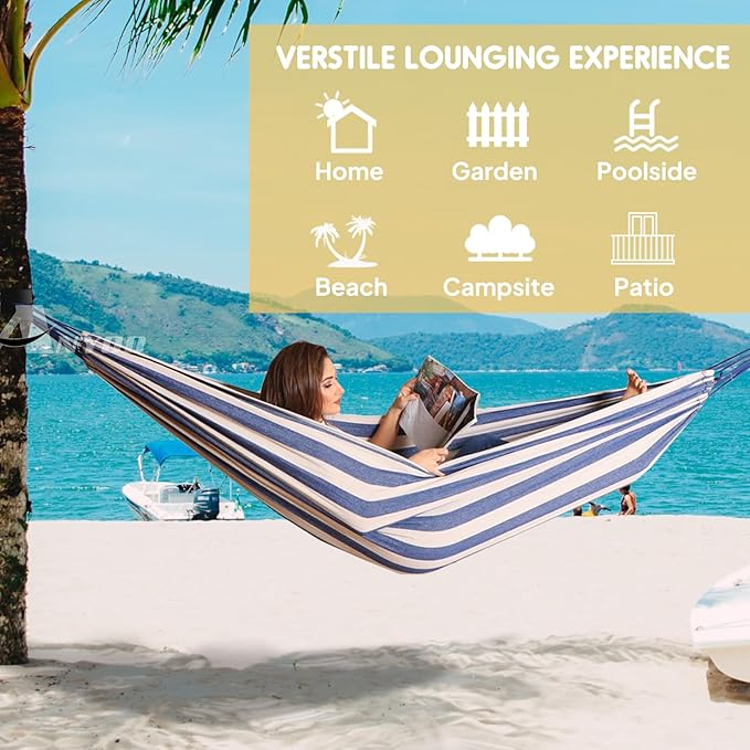ANYOO Cotton Hammock Portable Camping Hammocks for Hanging Sturdy Garden Comfortable Fabric Hammock with Tree Straps Up to 660lbs with Travel Bag for Camping Outdoor/Indoor Patio Backyard