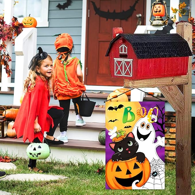 Halloween Boo Garden Flag Vertical Double Sided Ghost Home Decoration, Jack O'Lantern Pumpkin Colorful Cute Holiday Yard Outdoor Decoration 12 x 18 Inch