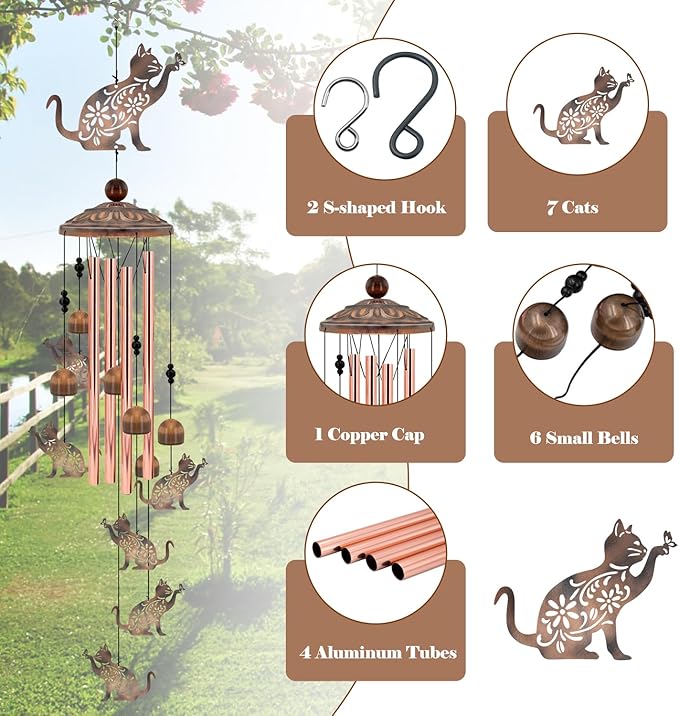 Cat Wind Chimes for Outside, 35'' Metal Cat WindChimes Gifts for Women/Men, Decoration for Outdoor, Home, Garden, Patio, Backyard