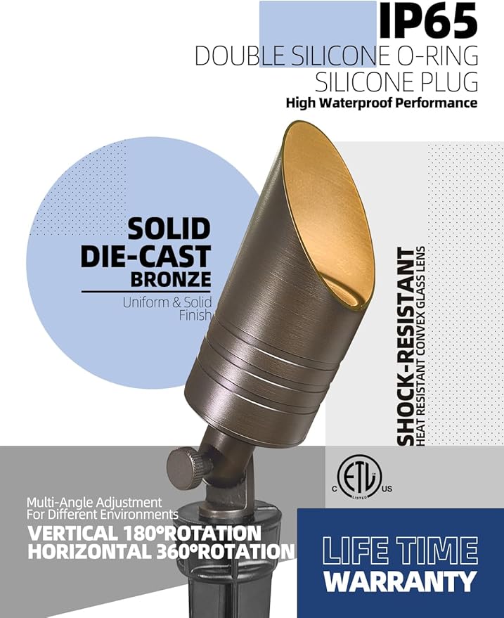 MALORY Brass Landscape Spot Lights,12V AC/DC Low Voltage LED Landscape Lighting,Waterproof Spot Up Light for Garden,Patio and Yard (S05-Bronze, 4-Pack with Bulb)