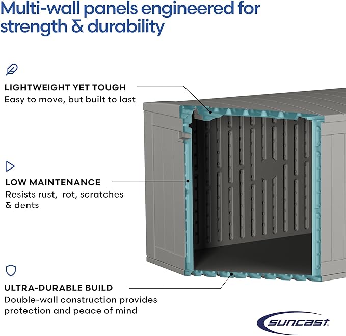 Suncast 120-Gal. All-Weather Patio Deck Box with Pad-Lockable Split Top Lid, Extra-Large Outdoor Storage Unit for Patio Furniture and Grill Tools, Made in the USA