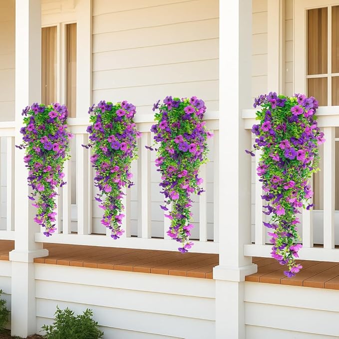 8PCS Artificial Hanging Flowers for Outdoors,Hanging Outdoor Faux Plants,UV Resistant Fake Flowers for Outdoor Planters,Realistic Fake Plants Spring Decor for Porch,Patio,Yard (DoublePurple)