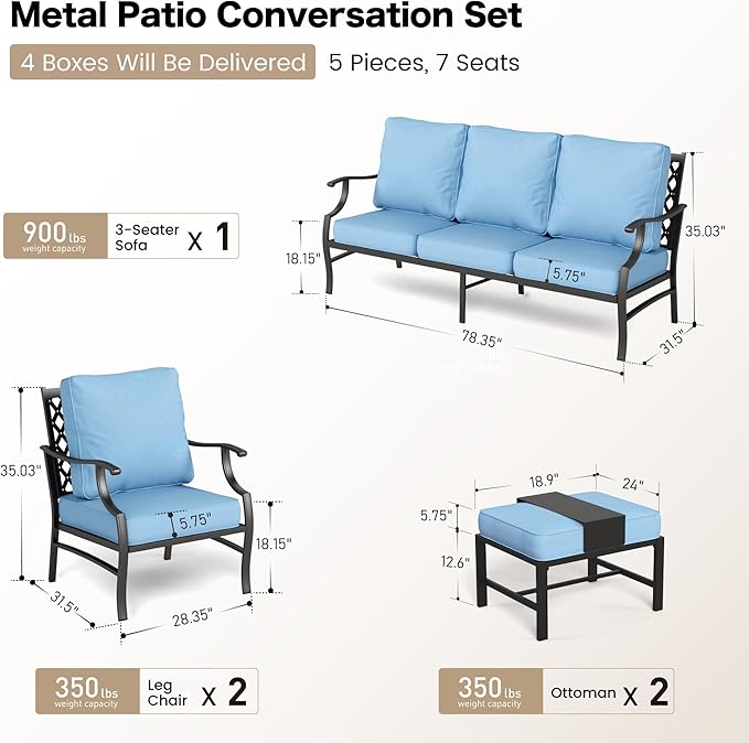 5 Piece Metal Outdoor Patio Furniture Set, Patio Conversation Sets 1 3-seater Sofa, 2 Fixed Chair, 2 Ottomans with 5.75" Thick Cushion, Black All-weather Frame Backyard Furniture, Blue