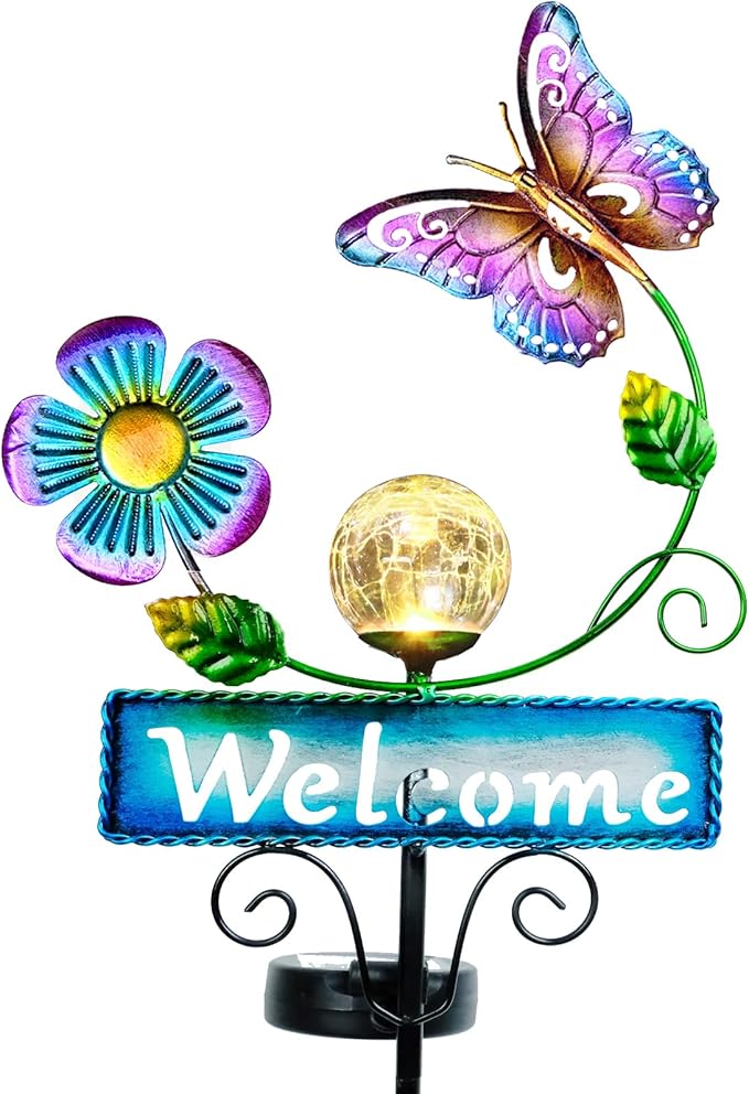Outdoor Solar Garden Lights with Welcome Sign, Butterfly Ornament Metal Stake Lights for Lawn, Patio, Cracked Glass Balls, for Mom (Butterfly)