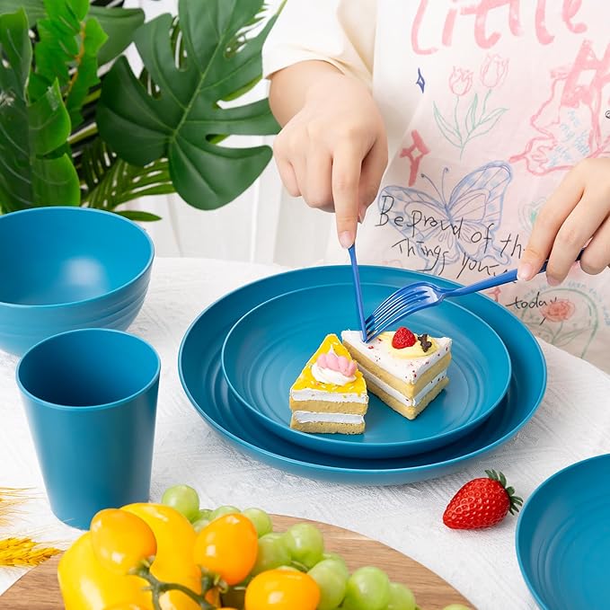 LIYH 48 Pcs Blue Plastic Wheat Straw Dinnerware, Plates and Bowls Set, Camping Dish Set for 12, Dishwasher Safe Dinnerware Sets, Unbreakable Plastic, Camper Dish Sets