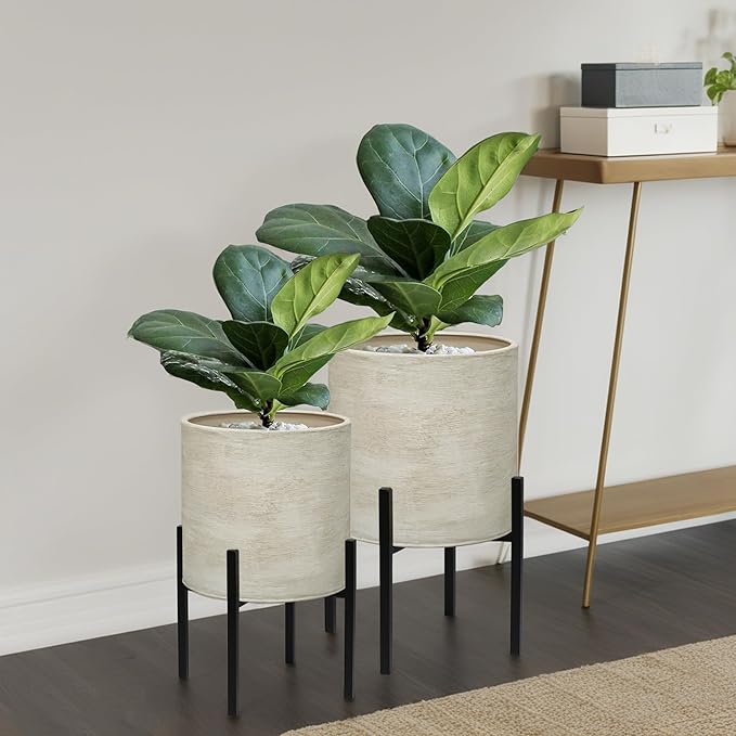 ARNIS Modern Plant Pots, Set of 2 Large Planters with Stand, Decorative Planters, Metal Pots with Drainage Holes for Living Room, Office, Garden or Balcony, 8.25 &10.5 Inch, Dirt