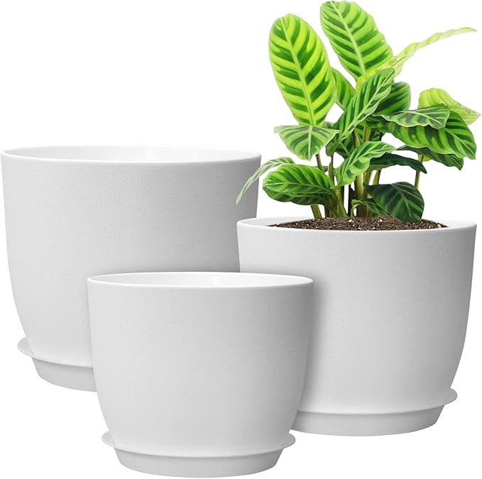 Modern Plant Pots Set, 9/8/7.5 inch Plastic Planters for Indoor Plants, Stylish Flower Pots with Drainage Holes and Saucers for House Plants and Flowers, White