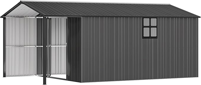 AMERLIFE 10x16.6x7.3 FT Metal Storage Shed with Lounge Area, Sliding Doors, 2 4-Pane Windows & Vents, Outdoor Tool Shed for Garden & Backyard, Heavy-Duty Weather-Resistant Steel, Dark Gray