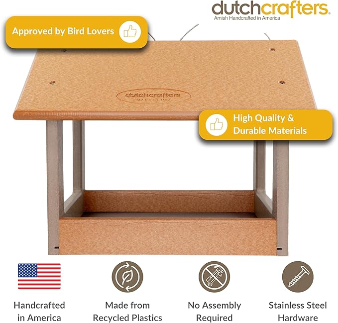DutchCrafters Amish USA Made Recycled Plastic Large Hanging Modern Fly Through Covered Roof Open Platform Tray Bird Feeder for Outdoors, Garden, Yard (Cedar & Weatherwood)