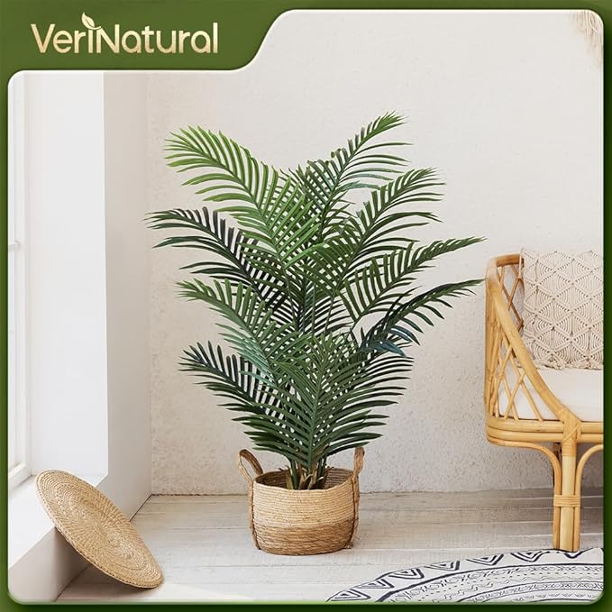 Artificial Palm Tree, 4FT Tall Fake Palm Trees with UV Resistant Leaves, Potted Faux Areca Palm Plant for Indoor Outdoor, Large Floor Plants for Home Living Room Porch Decor, 2Pcs - VN125