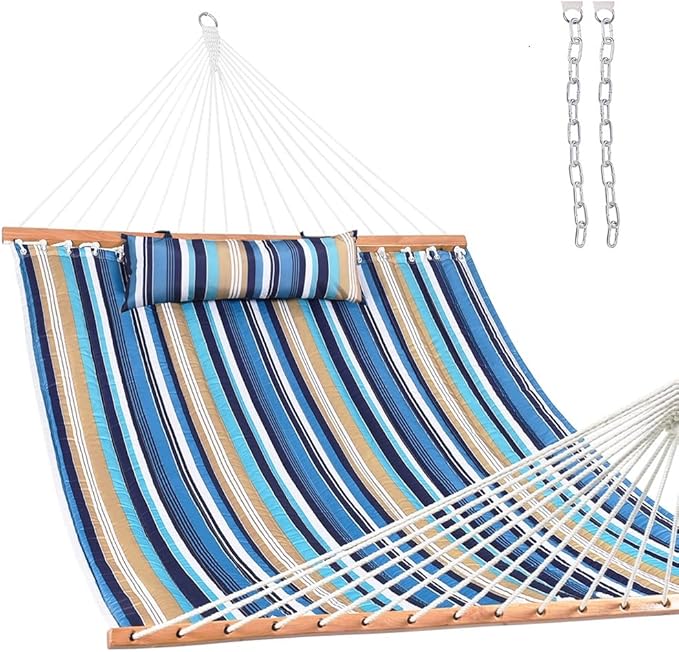 Lazy Daze Hammocks 12 FT Quilted Fabric Double Hammock with Spreader Bars and Detachable Pillow, 450lbs Weight Capacity, Beaches Stripe