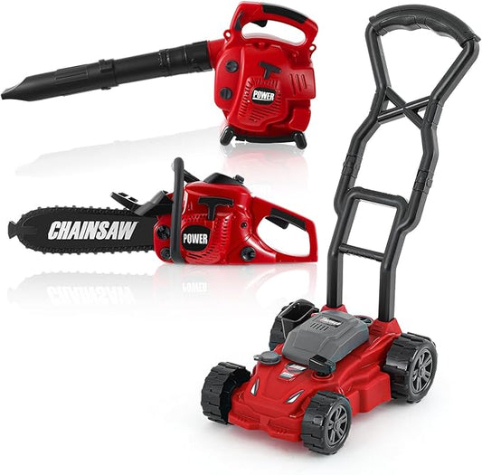 3 Pcs Toy Gardening Tool Set for Kids Toy Leaf Blower Chainsaw Push Lawn Mower Pretend Play Set with Lights and Sounds Birthday for Boys Girls