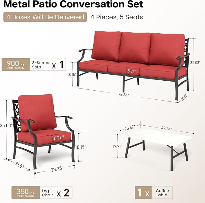4 Piece Metal Outdoor Patio Furniture Sets, Patio Conversation Sets 1 3-Seater Sofa, 2 Fixed Chair with 5.75" Extra Thick Cushion and Coffee Table, Black Frame Backyard Furniture, Red