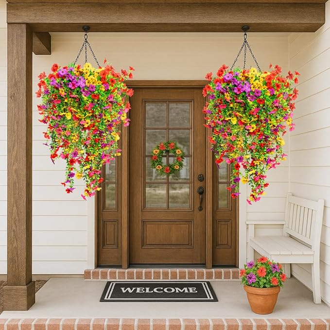 8PCS Artificial Hanging Flowers for Outdoors,Hanging Outdoor Faux Plants,UV Resistant Fake Flowers for Outdoor Planters,Realistic Fake Plants Spring Decor for Porch,Patio,Yard (RedYellowPurple)