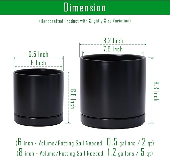 D'vine Dev 6.5 Inch & 8.2 Inch Ceramic Planter Pots for Plants with Drainage Hole and Saucer, Medium Plant Pots Set, Black, 94-G-M-2