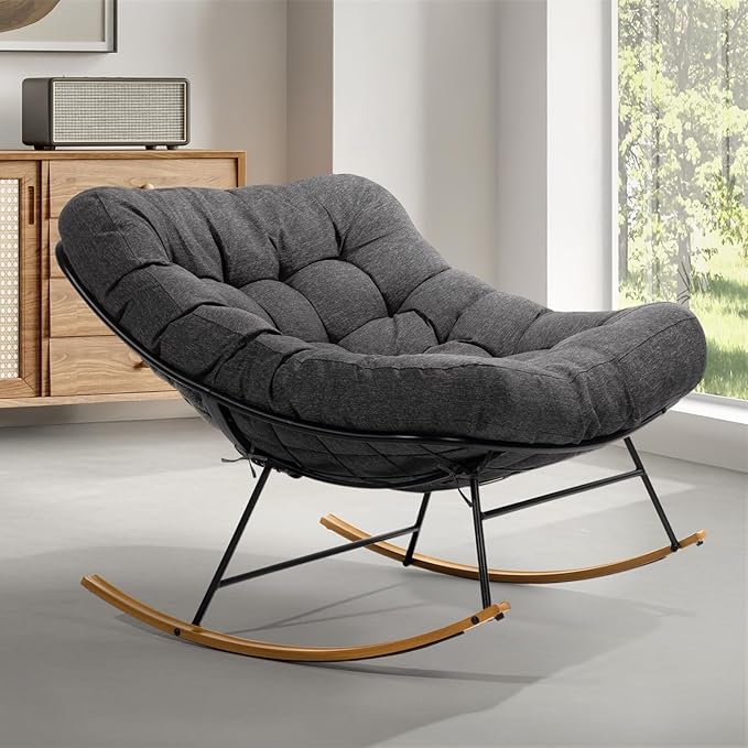 Bme Patio Rocking Chair Outdoor & Indoor, Metal Patio Lounge Rocking Chair with Thick Cushion, Comfy Modern Rocker Chair for Living Room, Porch, Backyard, Grey Cushion - Wood Texture Rocker