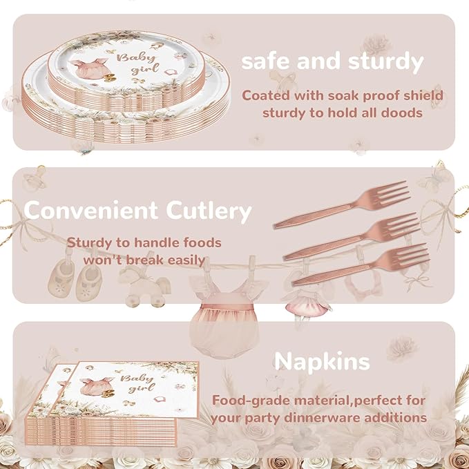 96Pcs Pink Baby Girl Shower Party Decorations A Sweet Girl is on Her Way Party Supllies Boho Bloom Babyshower Gender Reveal Paper Plates and Napkins Floral Tableware Serves 24 Guests